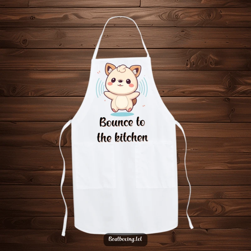 Funny apron featuring a bouncing animal character surrounded by pulsing sound waves, for culinary party-starters.