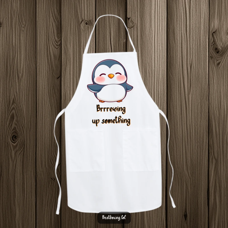 Funny Penguin Apron: A penguin character vibrating its lips for a 'brrr' sound, a humorous kitchen accessory.