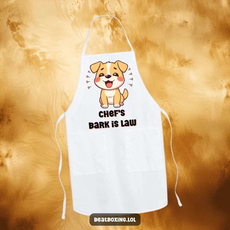 Funny happy dog apron with a dog barking rhythmically with sound waves, a humorous kitchen accessory.