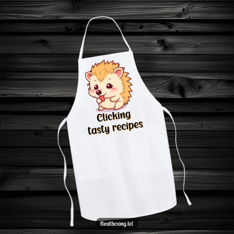 Funny Apron featuring a small hedgehog making a rapid tongue clicking sound, ideal for humorous kitchen activities.