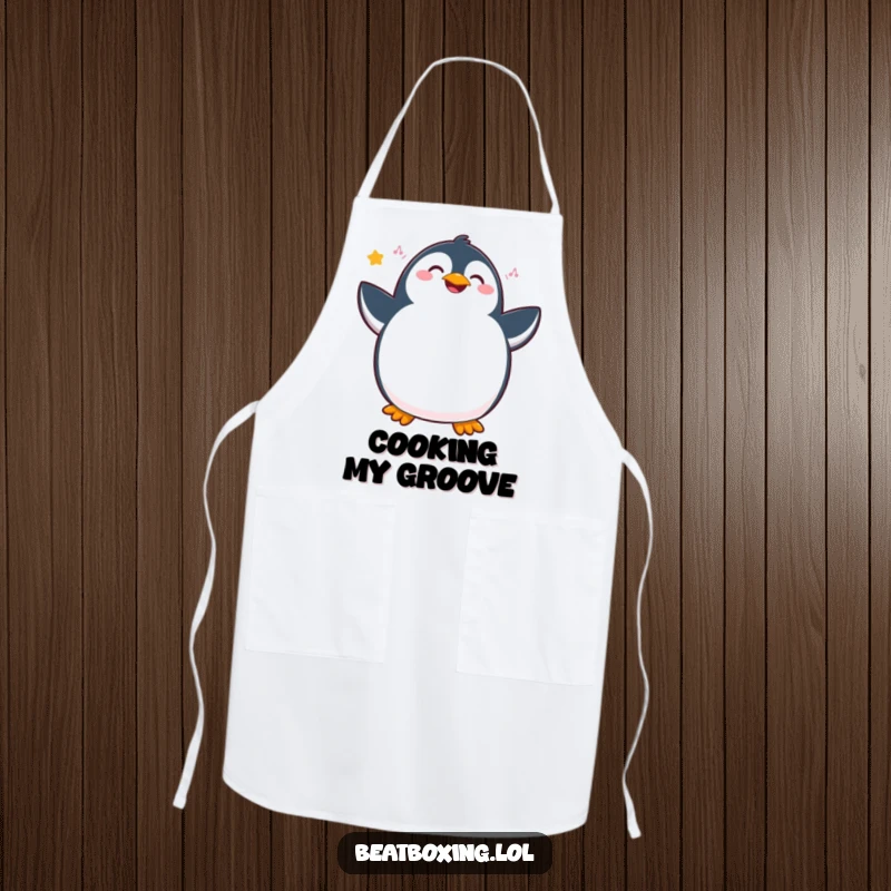 Funny penguin apron showing a joyous bird vibrating with internal rhythm and hip movements, a hilarious and practical kitchen accessory.