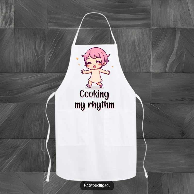 Funny Apron depicting a character in playful rhythmic movement, ideal for chefs and home cooks who love to have fun.