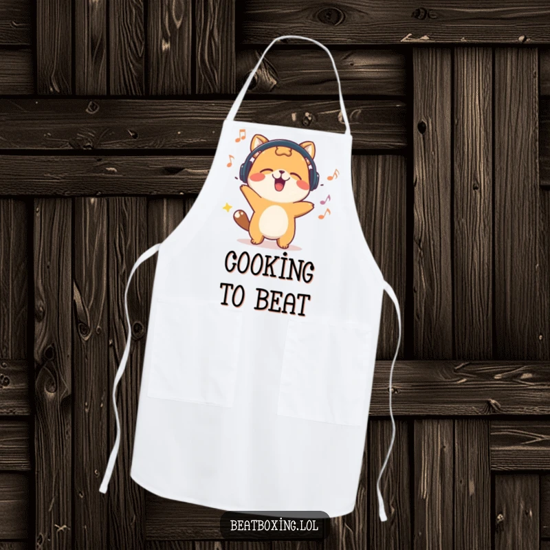 Funny apron featuring a happy animal character energetically bobbing its head to an unheard beat, adding musical flair to cooking.