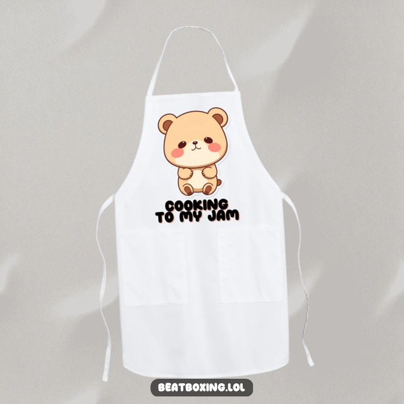 Funny apron showcasing a cute bear character bobbing its head while cooking, cheeks puffed, adding humor to meal prep.
