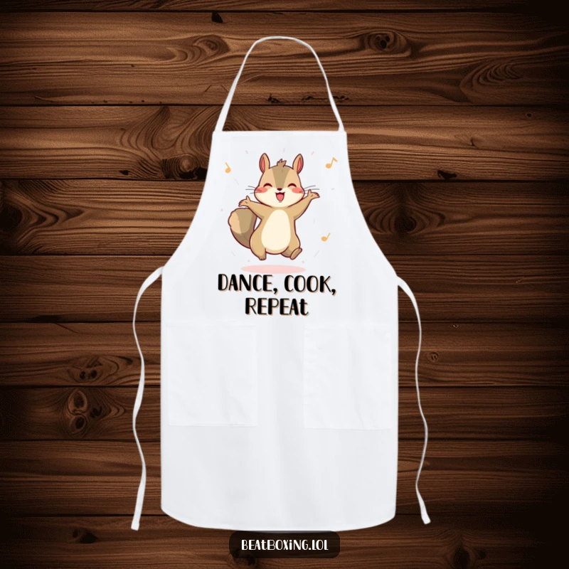 Funny apron with a happy squirrel energetically bouncing to an unheard rhythm. Humorous and practical for kitchen activities.