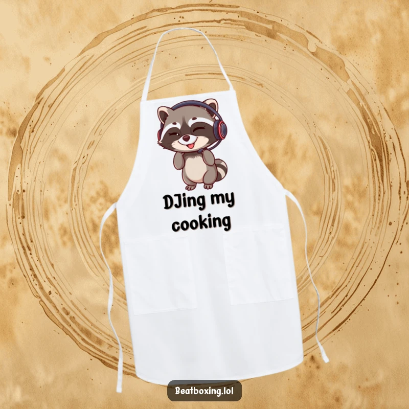 Funny apron of a winking raccoon adjusting a headset with a rhythmic grin, a humorous kitchen essential and gift.