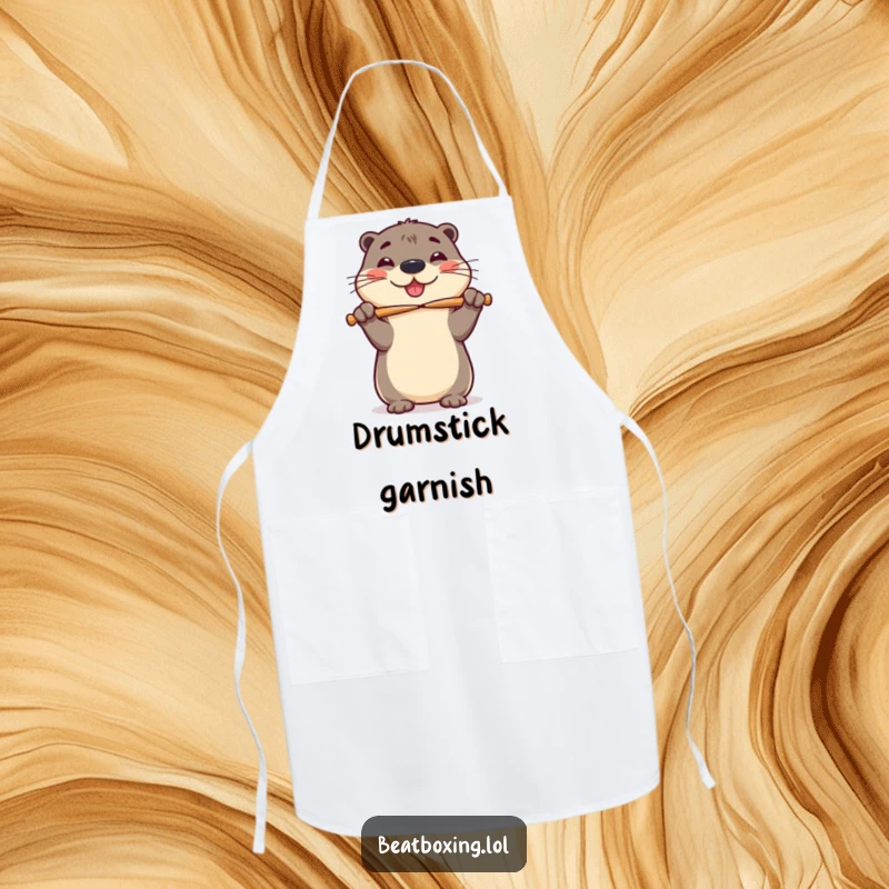 Funny apron featuring a cheerful otter balancing drumsticks on its nose, perfect for kitchen fun.