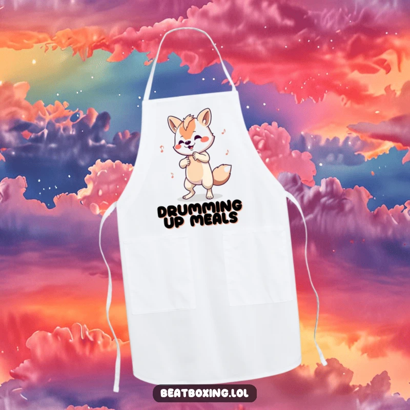Funny apron featuring an animal character tapping a complex beat on its limbs while cooking, for musical chefs.