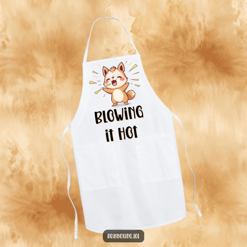 Funny apron featuring an animal character blowing air outwards rhythmically, for chefs with energetic flair.
