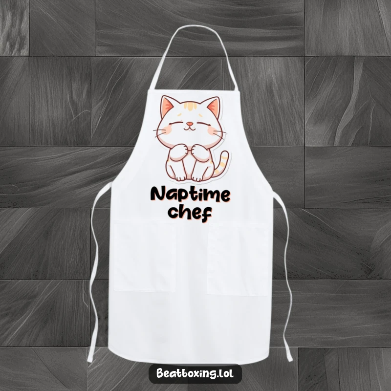Funny apron showing a cat purring deeply with closed eyes, wearing a chef's hat.