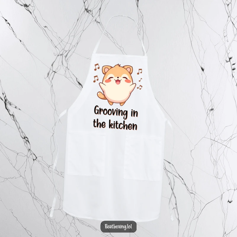 Funny apron featuring a round, smiling animal character beatboxing while cooking, bringing joy to the kitchen.