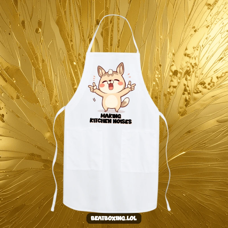 Funny apron with a determined animal character pointing to its body to make sound effects while cooking.