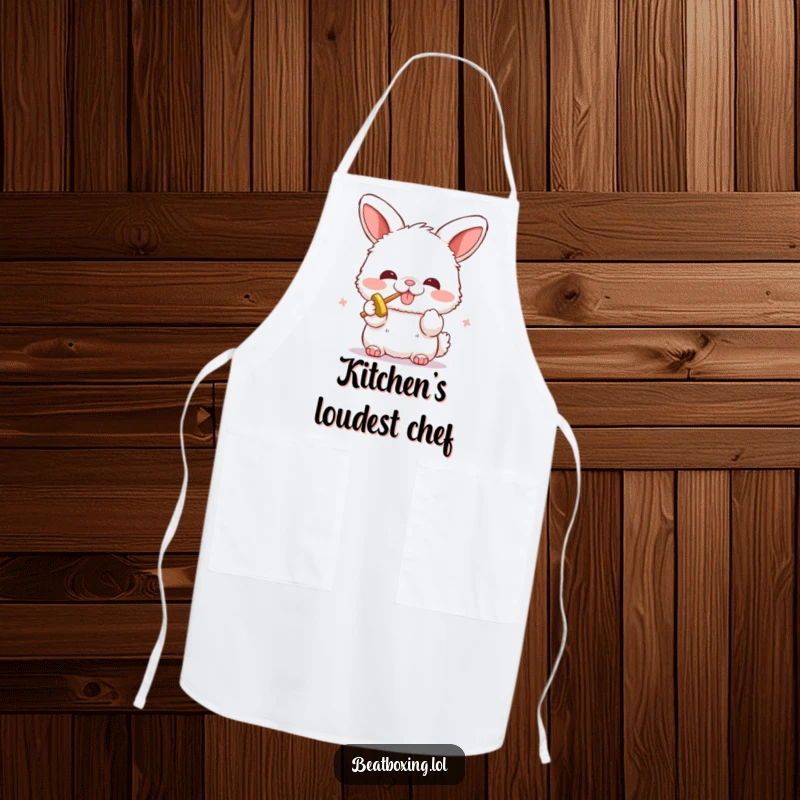 Funny apron with a fluffy bunny character enthusiastically beatboxing. Humorous and practical for kitchen activities.