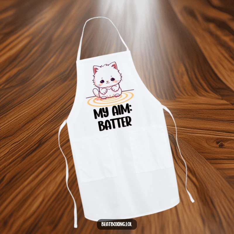 Funny Cat Drummer Apron: A humorous apron showcasing a fluffy cat creating rhythmic patterns with its paws while cooking.
