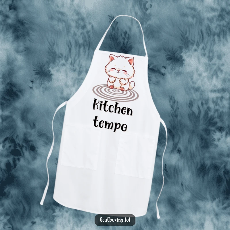 Funny apron displaying a fluffy cat creating rhythmic patterns with its paws, a humorous addition to any kitchen.