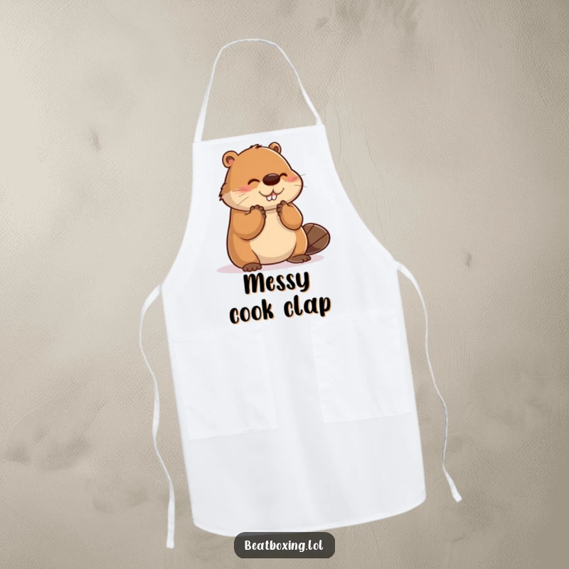 Funny apron featuring a clumsy beaver hilariously attempting to clap, perfect for the kitchen.