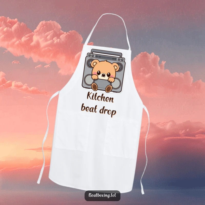Funny apron with a curious bear peeking from behind a boombox, ready to add some musical flair to cooking.