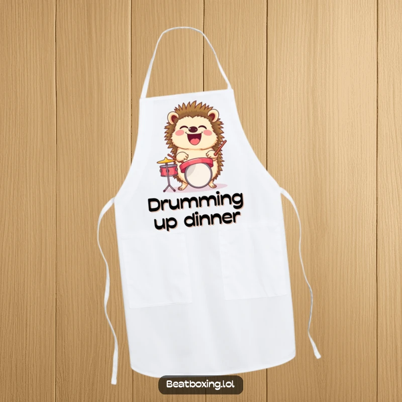 Funny apron of a laughing hedgehog balancing a tiny drum set, a humorous kitchen essential and gift.