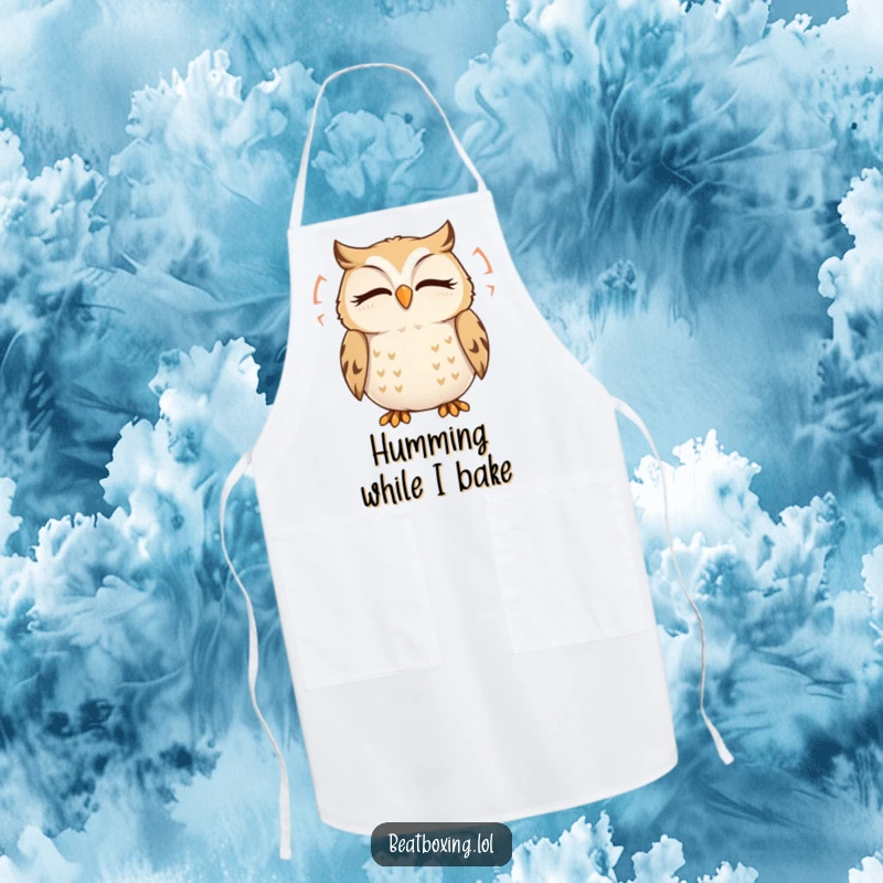 Funny Owl Apron: A delighted owl humming with visible sound ripples while cooking, bringing a calm vibe to the kitchen.