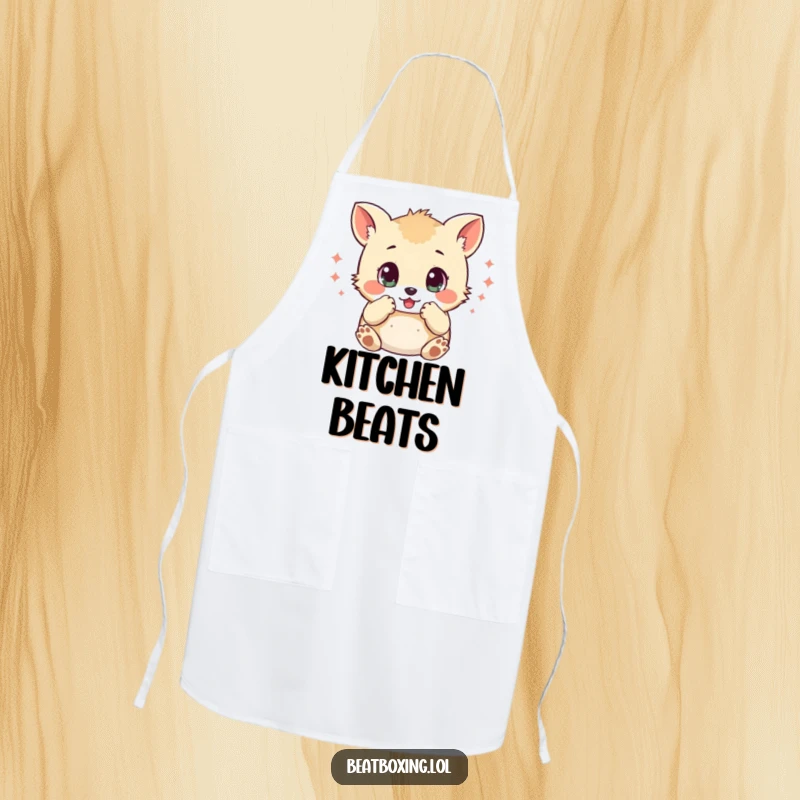 Funny apron featuring a small animal character with wide eyes, mimicking percussive sounds with its paws, adding musical flair to cooking.