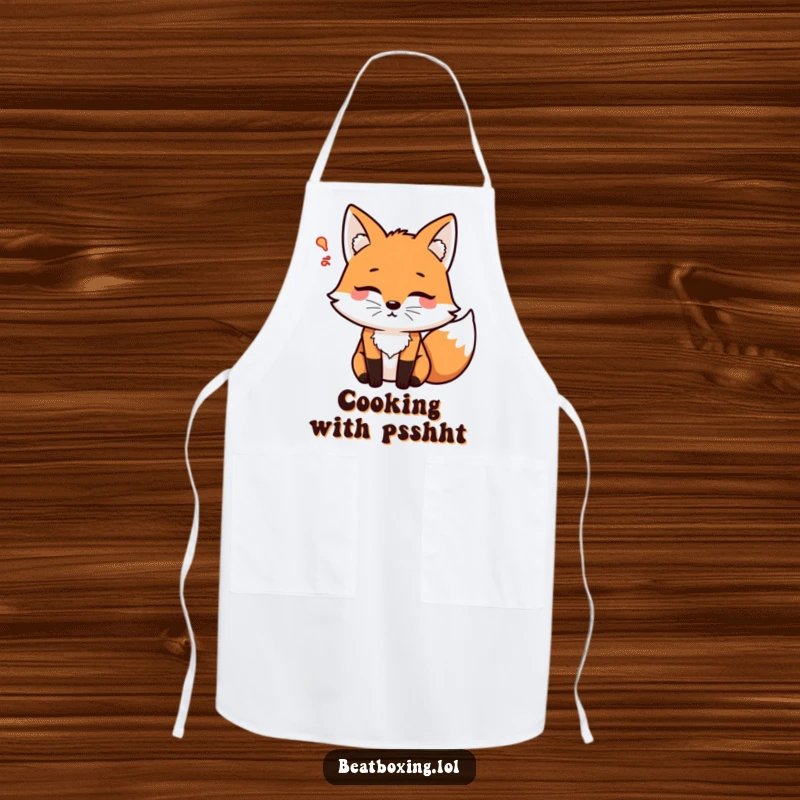 Funny Psshht Fox Kitchen Apron featuring a focused fox blowing air rhythmically, creating a psshht sound, ideal for humorous culinary activities.