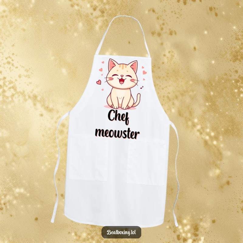 Funny Purring Cat Kitchen Apron featuring a happy cat character purring rhythmically, punctuated by playful meows, for humorous cooking.