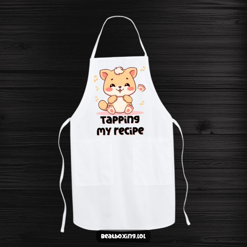 Funny apron featuring a cute animal character enthusiastically tapping its paws in a rhythmic pattern, adding musical flair to cooking.