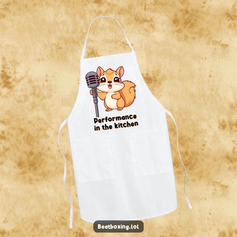Funny apron of a surprised squirrel peeking from behind a microphone stand, a humorous kitchen essential and gift.