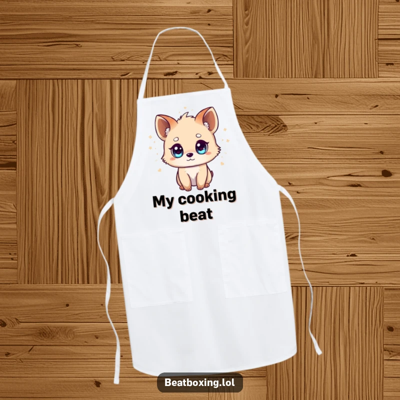 Funny Tiny Animal Apron: A small creature with bright eyes, visually representing musical beats, designed for culinary creativity.