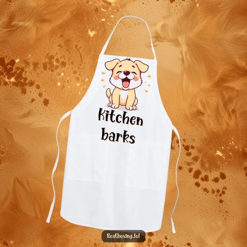 Funny Barking Puppy Kitchen Apron featuring an energetic puppy character barking in distinct short bursts, ideal for humorous cooking sessions.