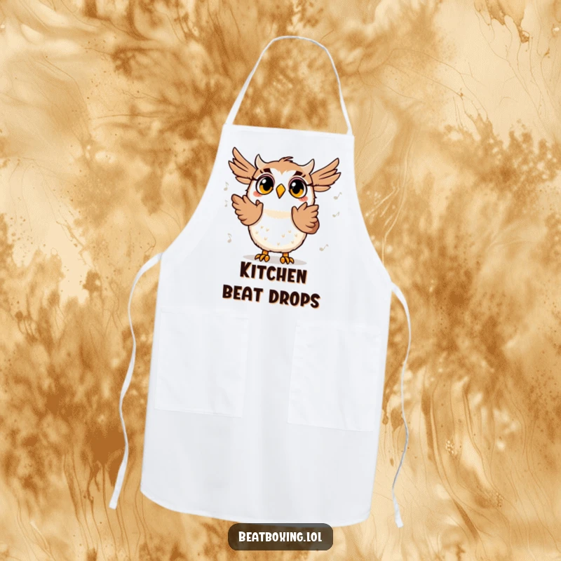 Funny apron showcasing a surprised owl character clapping its wings to a beat, looking delighted, perfect for kitchen music sessions.