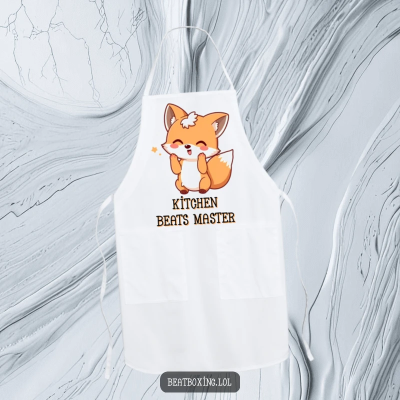 Funny apron of a playful fox wagging its tail and making beat motions, a humorous kitchen essential and gift.