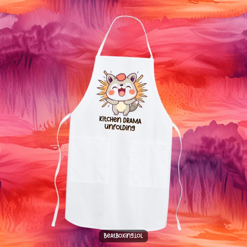 Funny apron depicting a playful animal character making a visual 'BOOM' sound effect, ideal for a humorous cook.