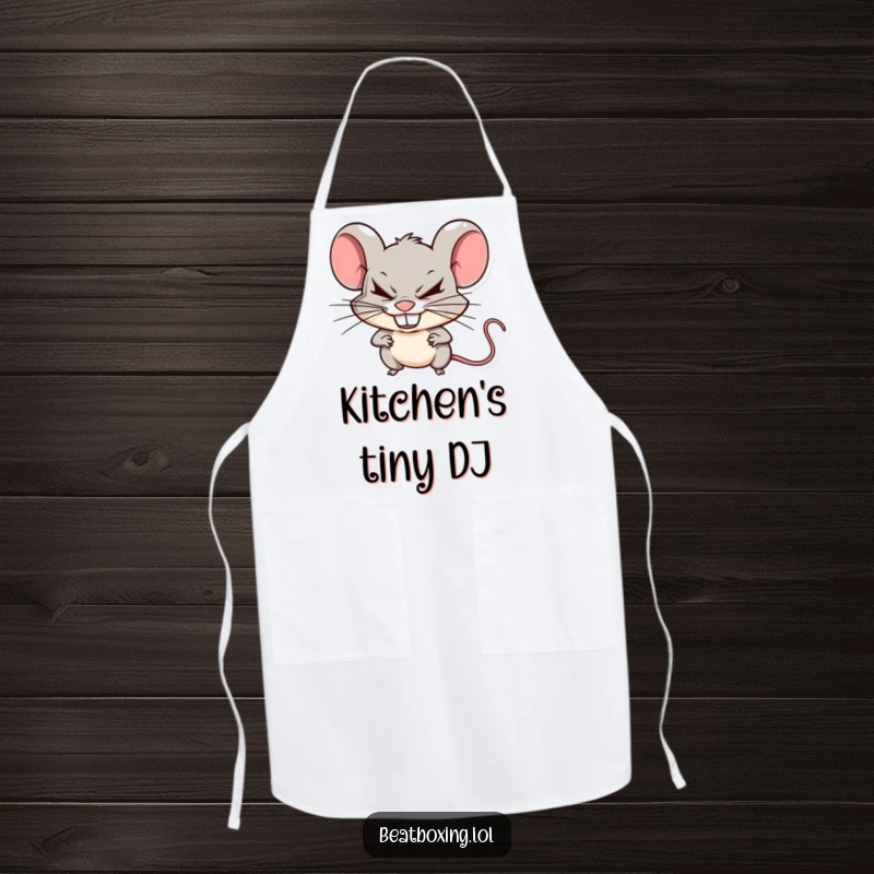 Funny mischievous mouse apron with a mouse making sharp beats by clicking its teeth, a humorous kitchen gift.