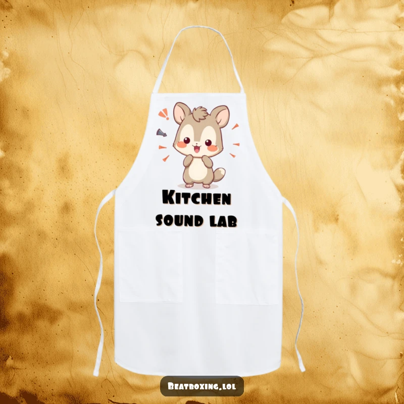 Funny apron with a curious animal character playfully experimenting with sound effects while cooking.