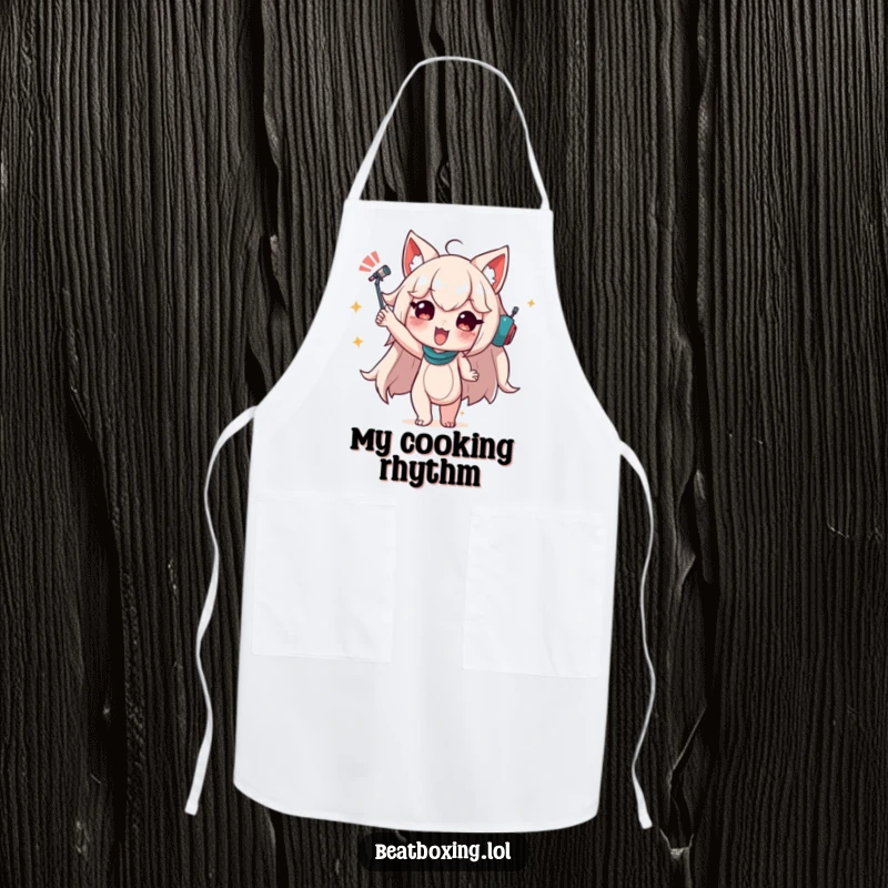 Funny Apron designed with a character in a dynamic pose suggesting audible rhythm, perfect for kitchen activities.