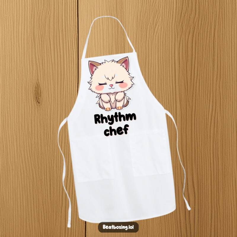 Funny apron featuring a furry character with closed eyes, deeply focused on creating a complex rhythm, adding depth to cooking.