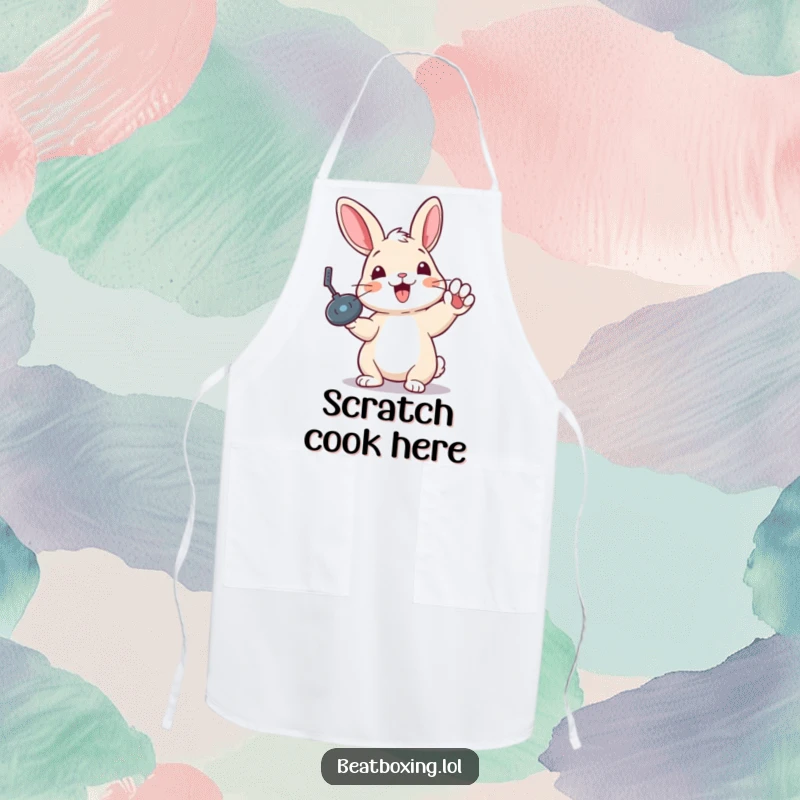 Funny apron with a delighted rabbit performing a record scratch, perfect for music-loving chefs and kitchen DJs.