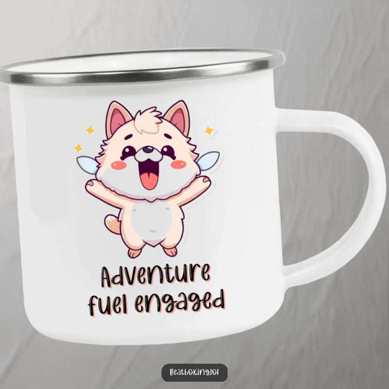 Funny camping mug with a fuzzy animal character buzzing with outdoor energy, mouth open in a cheerful, excited expression.