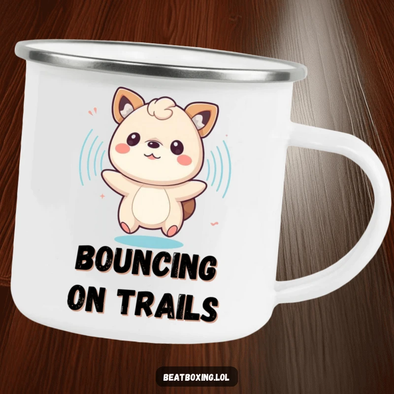 Funny camping mug with a bouncing animal character surrounded by pulsing sound waves, for outdoor fun.