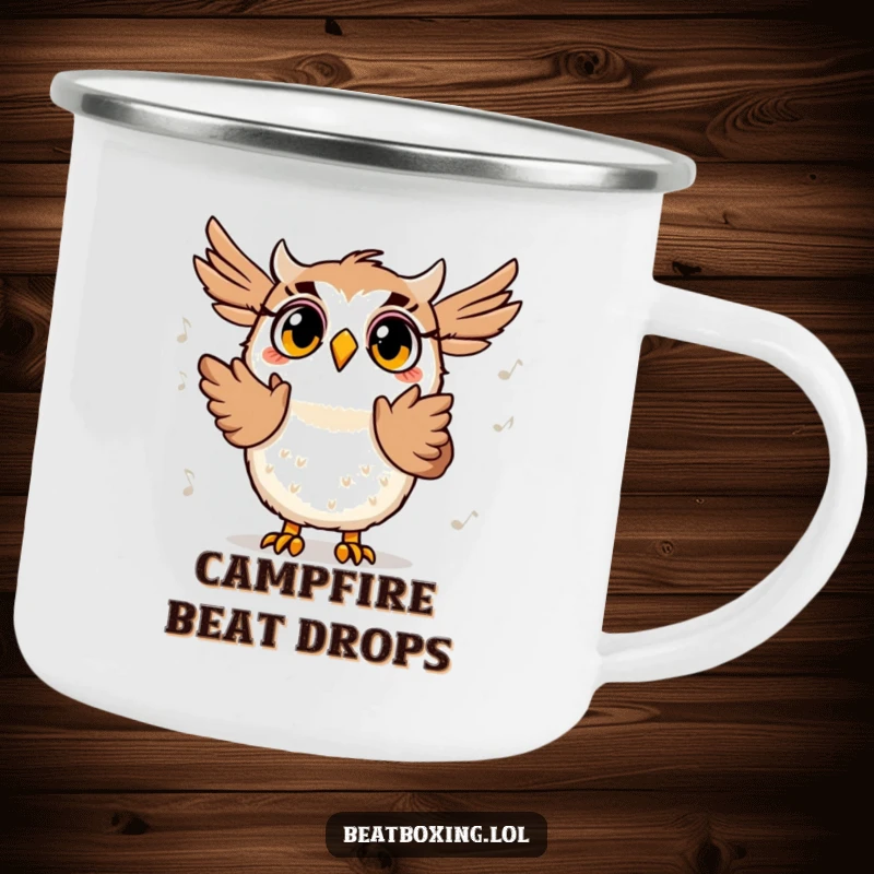 Funny camping mug featuring a surprised owl character clapping its wings to a beat, perfect for enjoying music outdoors.