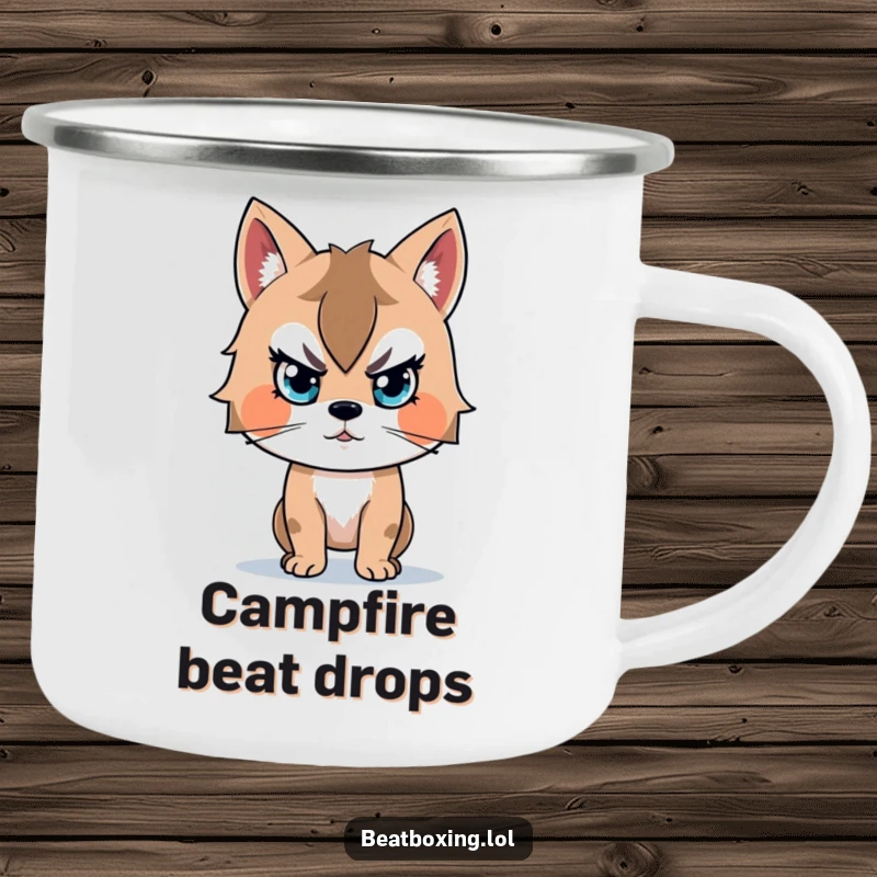 Funny camping mug depicting an animal character with intense focus on a beat, ideal for outdoor music lovers.