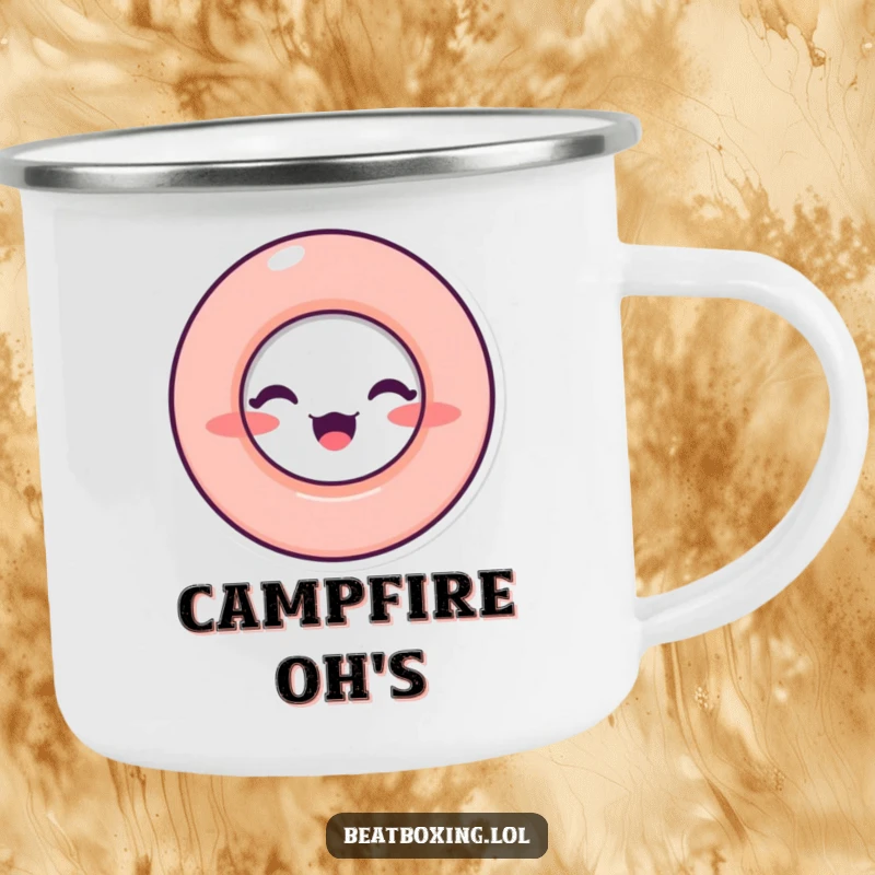 Funny Camping Mug featuring a character with an 'O' shaped mouth, perfect for enjoying outdoor music and beverages.