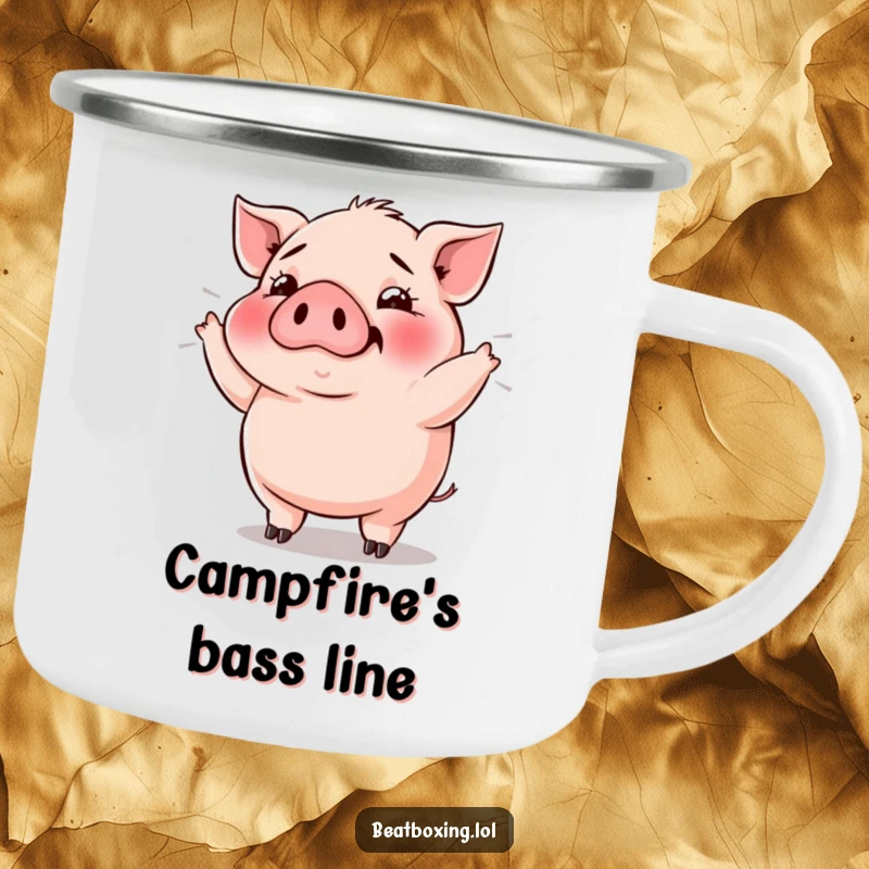 Funny Pig Bass Drop Camping Mug: Plump pig grunting rhythmically, bass vibrations, perfect for outdoor coffee.