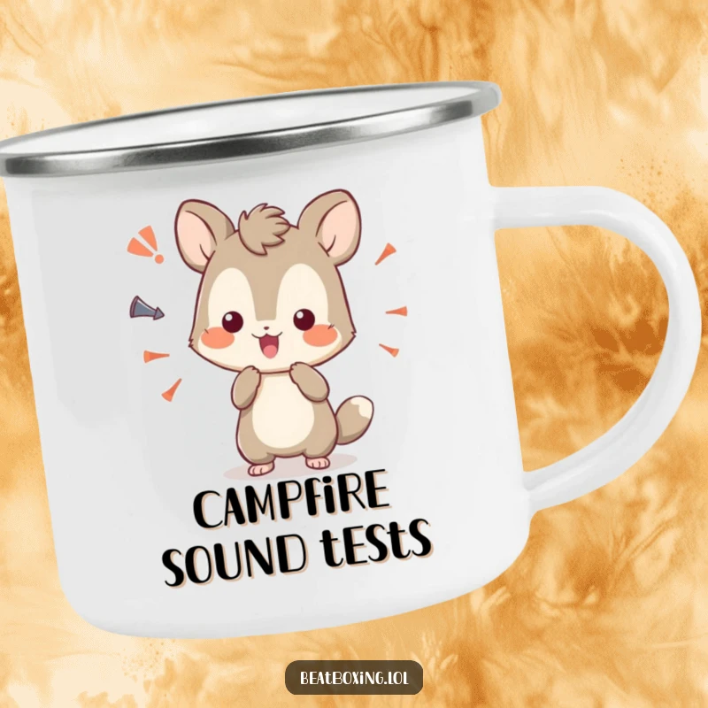 Funny camping mug with a curious animal character playfully experimenting with sound effects outdoors.