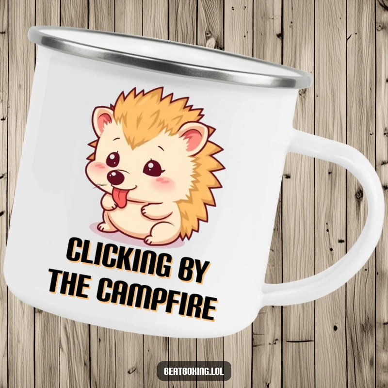 Funny Camping Mug featuring a small hedgehog mid-tongue click, perfect for outdoor enthusiasts needing a laugh.