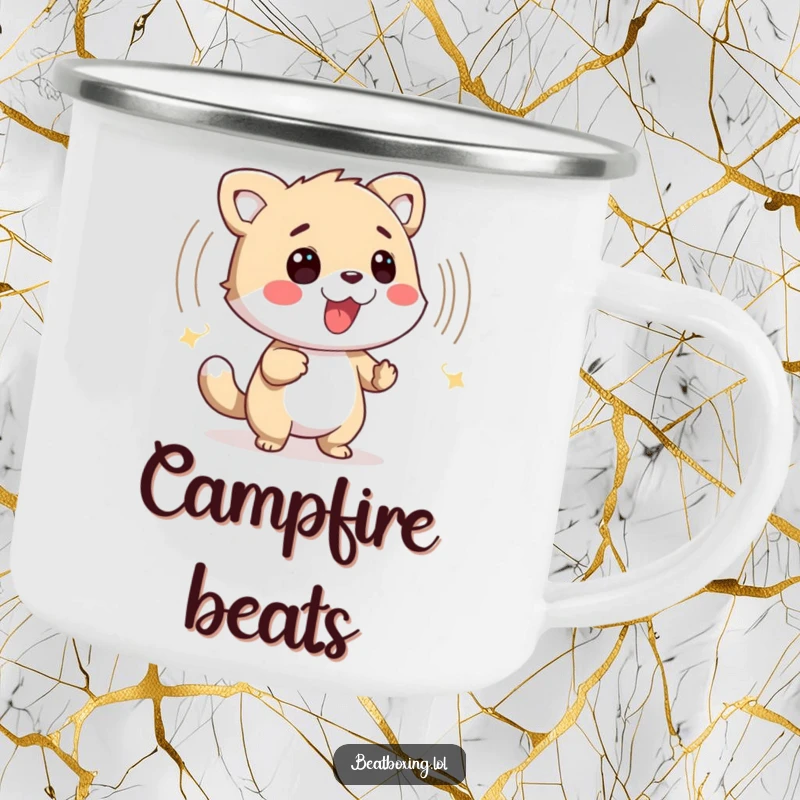 Funny camping mug showing a friendly animal character creating a percussive sound wave, perfect for outdoors.