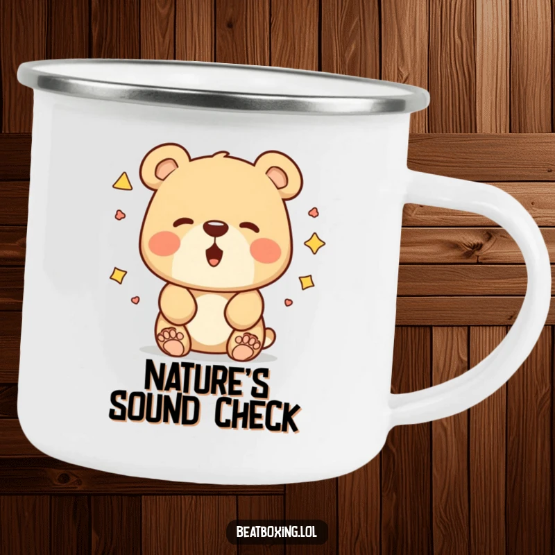 Funny bear camping mug showing a curious bear experimenting with mouth shapes for sound, perfect for outdoor humor.