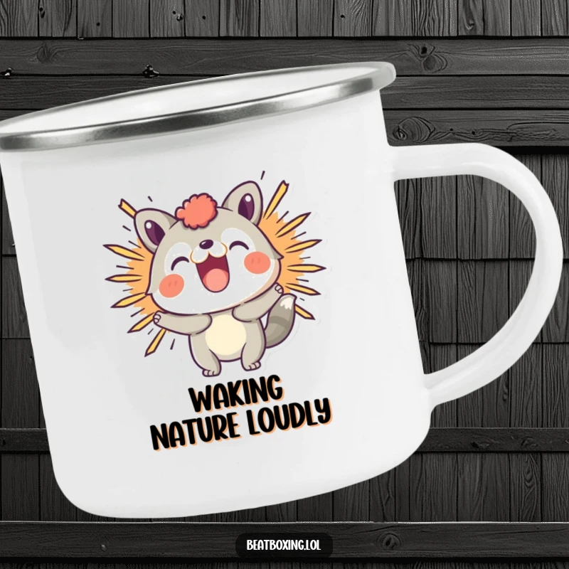 Funny camping mug showcasing a playful animal character making a visual 'BOOM' sound effect during an outdoor adventure.