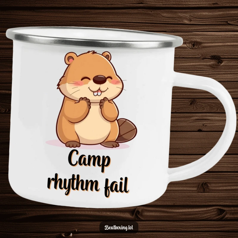 Funny camping mug with a clumsy beaver hilariously attempting to clap, perfect for outdoor humor.